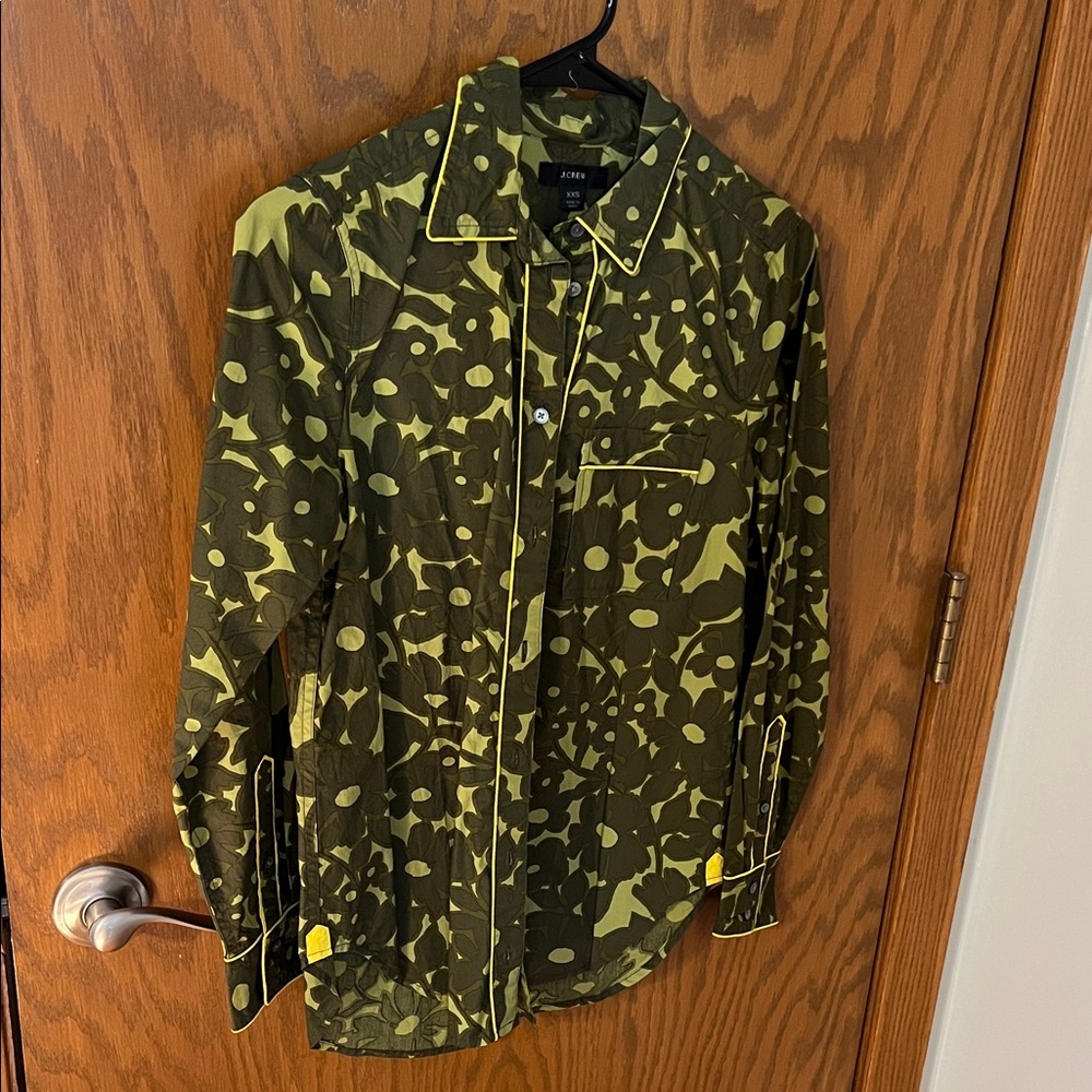 J. Crew Olive Green Floral-Print Lightweight Shirt Jacket with Yellow Piping